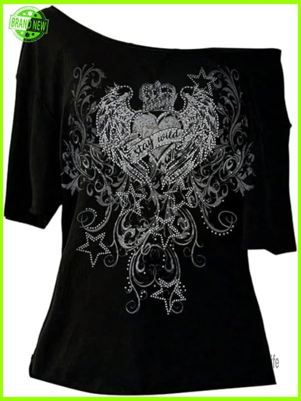Off Shoulder Goth Graphic Tee Short Sleeve Asymmetrical Oversized Y2K T Shirt